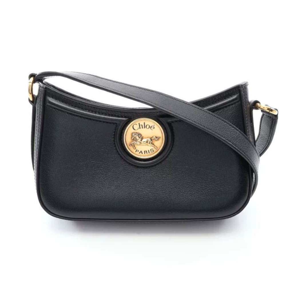 Chloe Horse Medal Shoulder Bag Leather Black